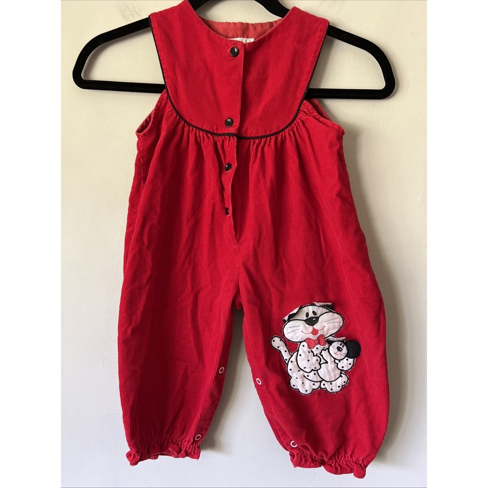 Vintage Tiny Tots Red Corduroy Bibs Overalls Pants Kitty Cat Bow Size 24M